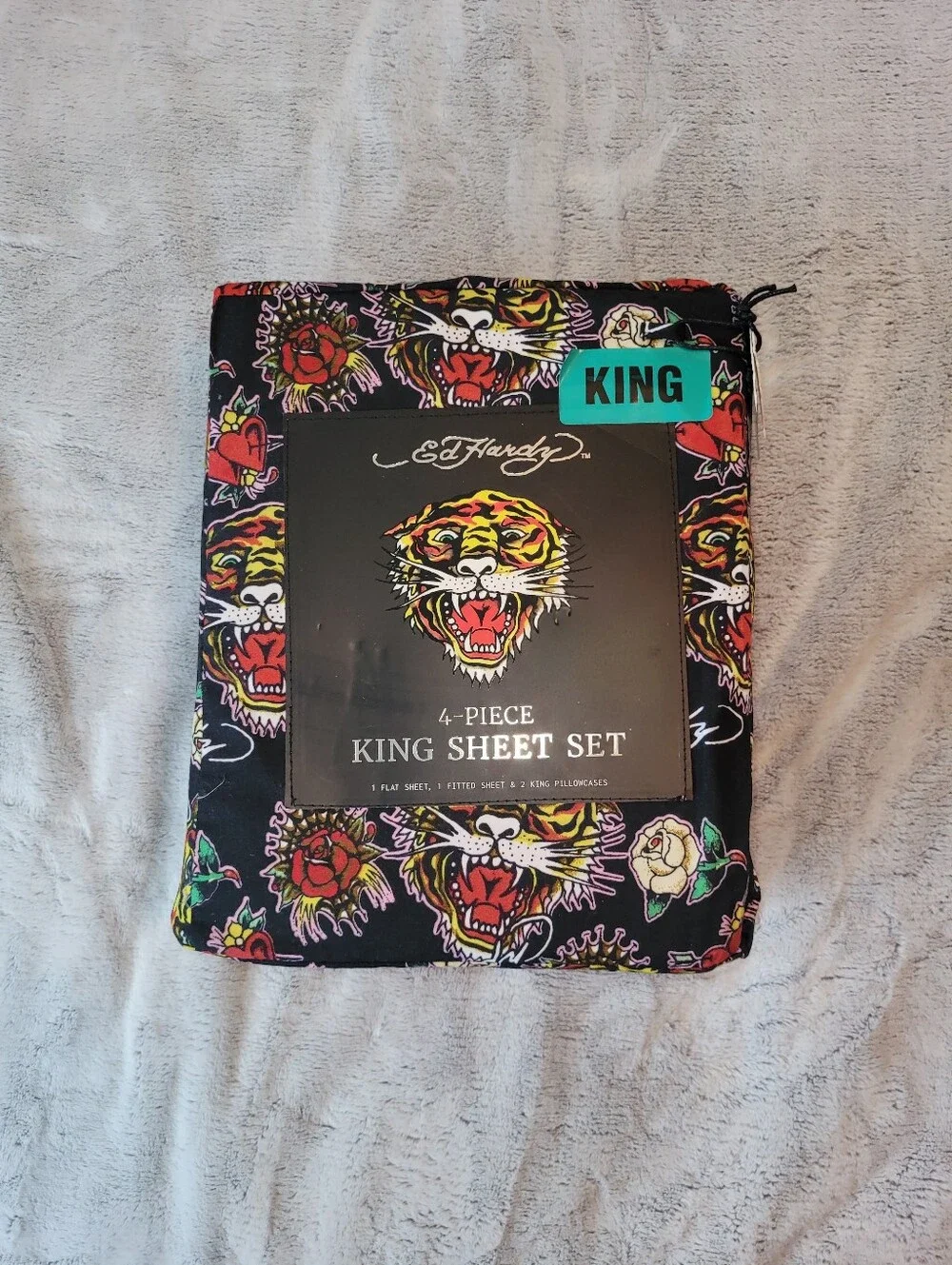 Ed Hardy King Size Bedsheet Set Tigers Roses Hearts Tattoo Y2K 16